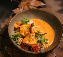 Sichuan-Style Crispy Chicken Leg with Scallion Sweet Potato Mash