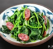 Pea Shoots Stir-Fried with Sausage