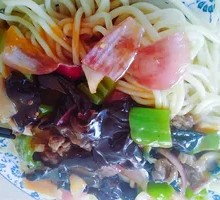 Wood Ear Mushroom Stir-Fry with Pork over Noodles