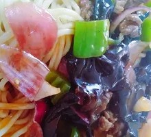 Wood Ear Mushroom Stir-Fry with Pork over Noodles