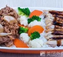 Pork Shoulder and Meatball Rice with Vegetable Side and Coca-Cola