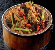 Black Mushroom Stir-Fry with Pork in Wooden Bucket Rice