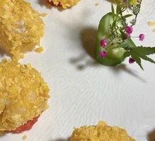 Crispy Potato Salad with Black Tiger Shrimp Balls
