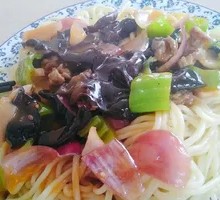 Wood Ear Mushroom Stir-Fry with Pork over Noodles