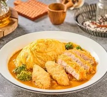 Chicken Cutlet and Cod Curry Omelette Rice