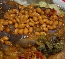 Sauce-Braised Eggplant with Tofu Skin Rolls over Rice