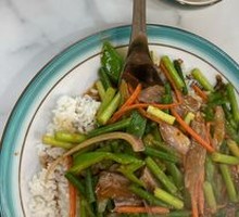 Stir-fried Garlic Shoots with Pork over Rice