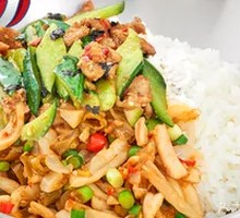 Spicy Sour Squid with Purple Basil and Cucumber Stir-Fry