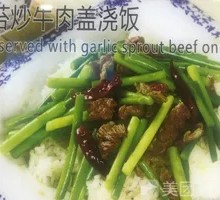 Stir-fried Beef with Garlic Shoots over Rice