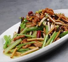 Fried Pork and Celery with Tofu Cubes Over Rice