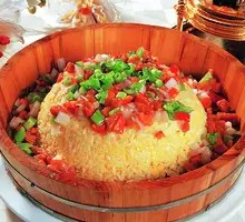 Fish-Flavored Shredded Pork with Rice in a Wooden Bucket