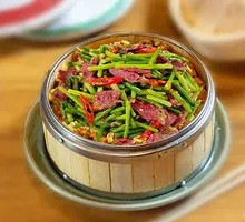 Garlic Shoots Stir-Fried with Preserved Pork in Wooden Bucket Rice